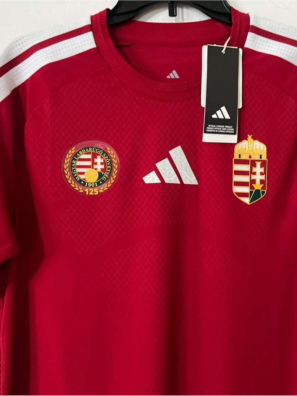 adidas Red Hungary National Team Soccer Jersey with White Stripes